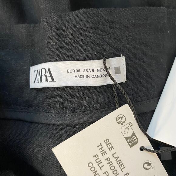 Zara Baggy Linen Trouser Cargo Pant Black Tapered Leg Pockets Cuffed Size 6 - Picture 9 of 10